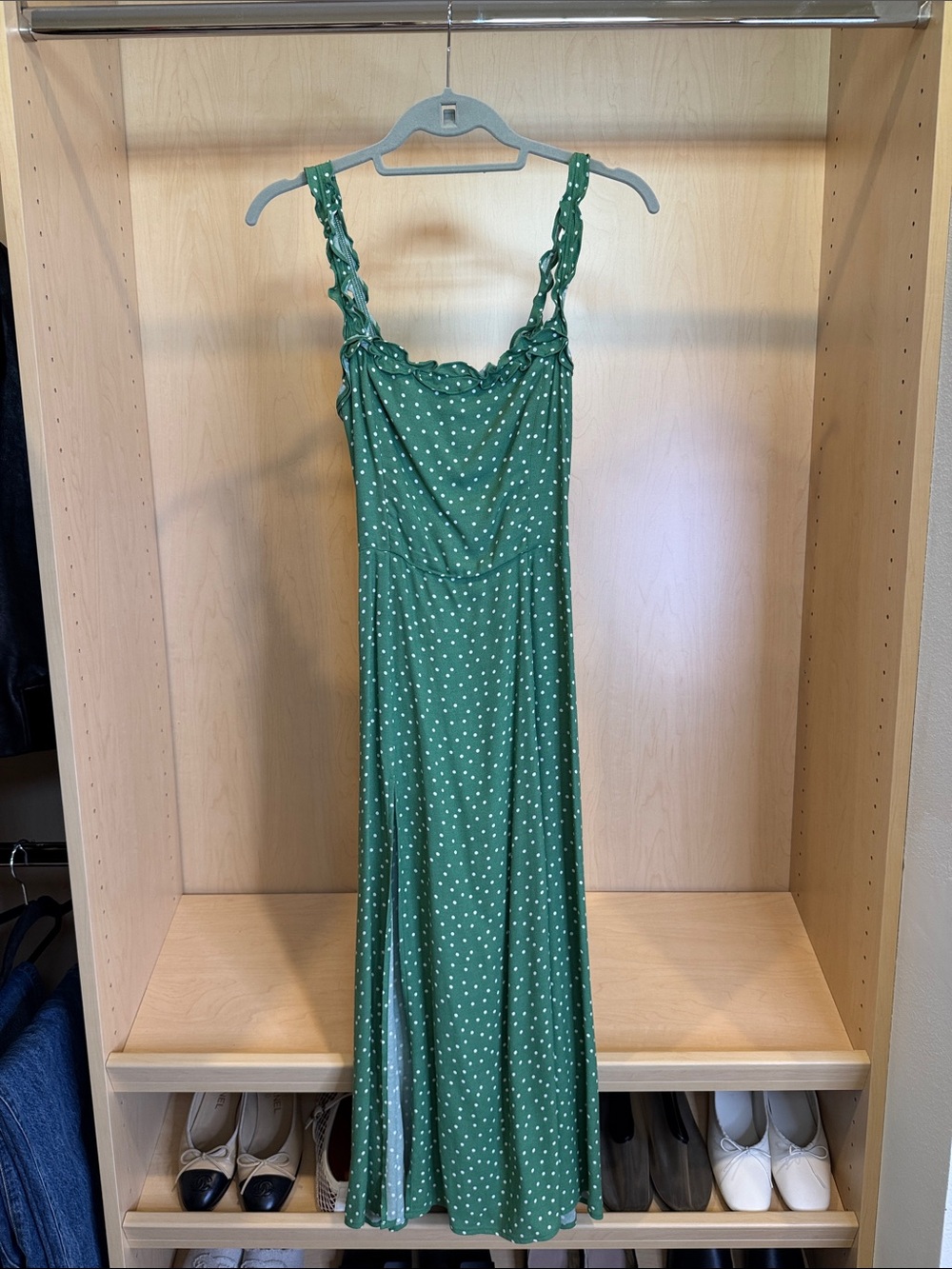 Reformation Green Polka Dot Ruffle-strap Maxi Dress